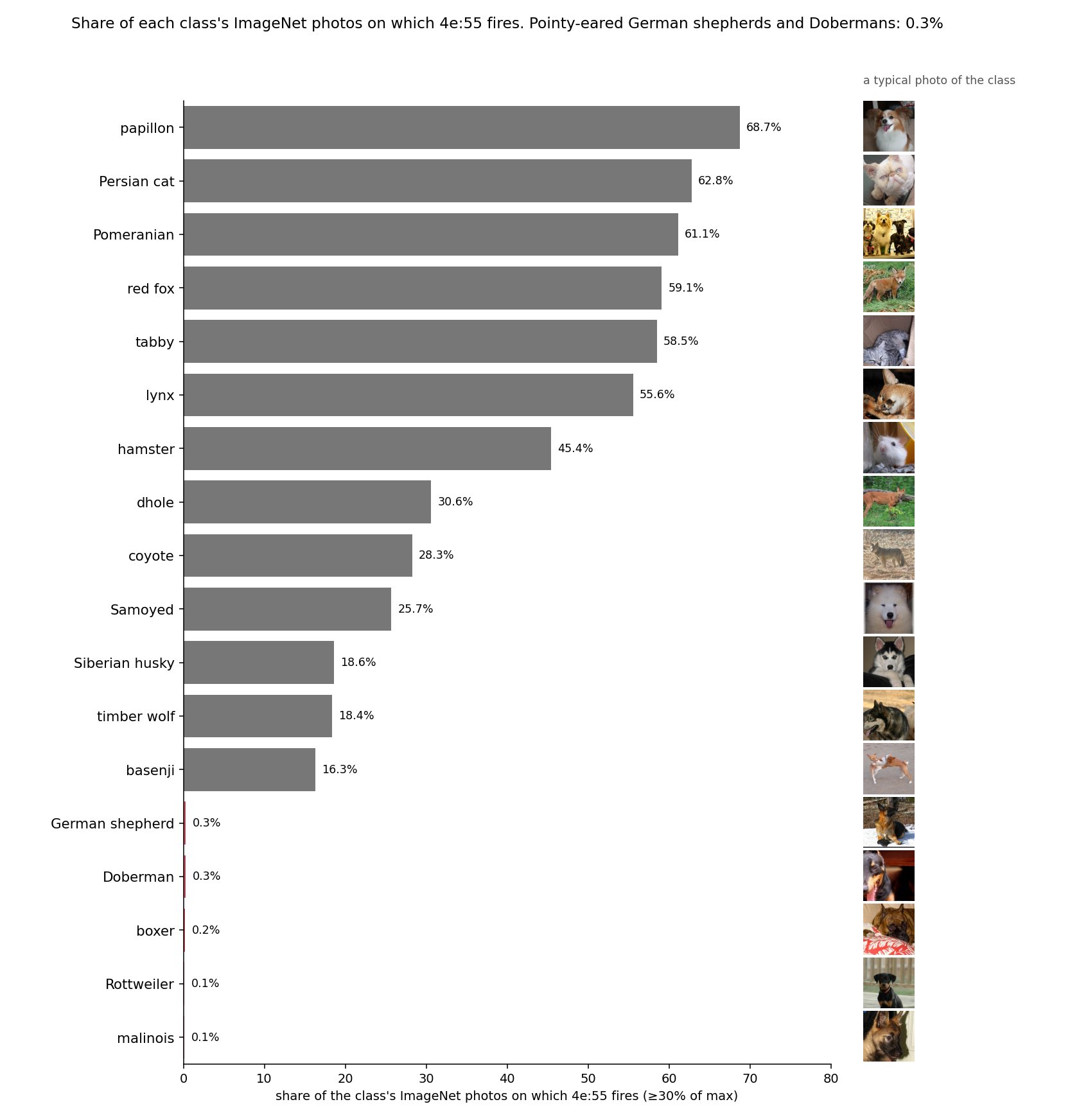 Share of each class's photos on which 4e:55 fires